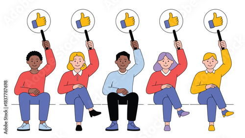 Diverse People Holding Thumbs Up Signs Sitting on a Bench, Giving Positive Feedback Illustration