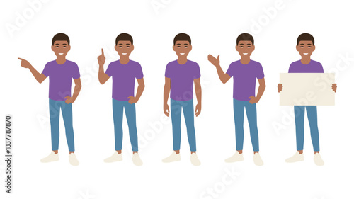 Five DarkHaired Men in TShirts and Jeans Posing with Gestures and Sign