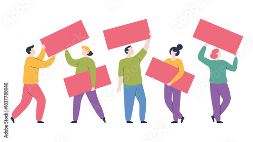 Flat Illustration Group of People Holding Blank Red Signs Protesting or Advertising