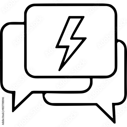 Two overlapping chat bubbles with a lightning bolt icon symbolizing rapid communication or energy in a conversation against a stark black background vector illustration