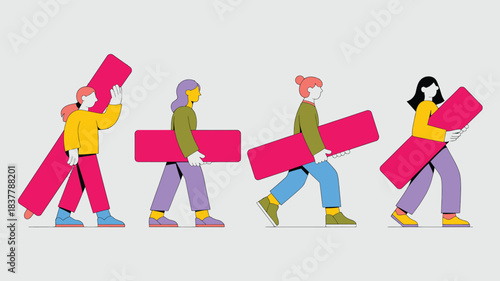 Four People Carrying Pink Rectangular Blocks in an Abstract Illustration on Grey Background