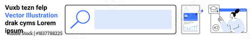 Search engines, digital analytics, data visualization, information retrieval, online research, web communication. Magnifying glass, analytics charts and user interface illustrations. Search engines