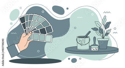 Flat vector illustration of a hand holding a color swatch fan next to a paint can and brush on a table, representing home renovation and interior design concepts in a modern style.