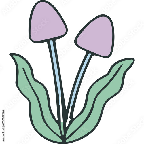 Two Purple Mushrooms With Light Blue Stems Surrounded By Green Leaves On A Black Background Simple Minimalist Illustration