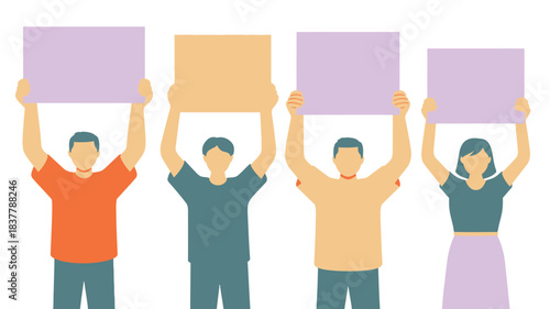 Group of People Holding Up Blank Signs at a Protest, Isolated on White