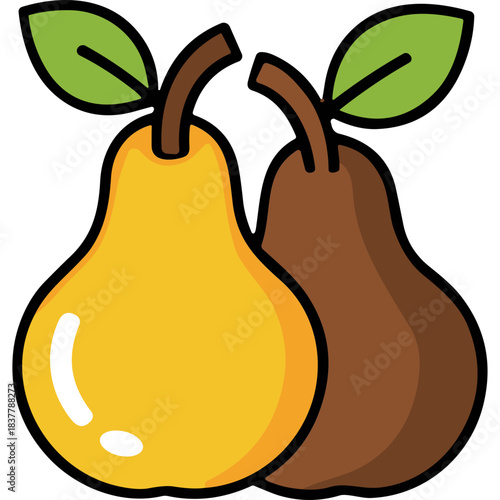 Two ripe pears one yellow one brown with green leaves on stems isolated on a transparent background a healthy fruit illustration