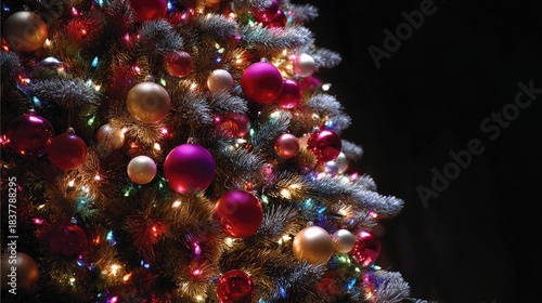 Decorated evergreen tree with festive ornaments and lights on dark background