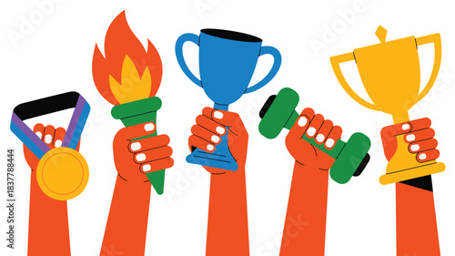 Hands Holding a Medal, Torch, Trophies, and Dumbbell, Symbolizing Victory, Achievement, and Sporting Success