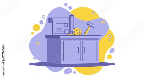 Flat vector illustration of a construction workspace featuring architectural blueprints, a hammer, and a tape measure on a blue cabinet, designed for home renovation and carpentry concepts.