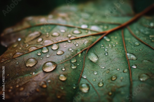 Macro close-up of green leaf with detailed vein structure and fresh water droplets creating a natural dewy texture