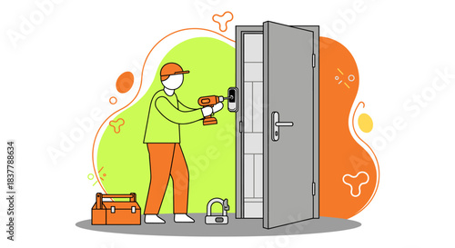 Flat vector illustration of a professional locksmith or handyman repairing a door lock with an electric drill, featuring a toolbox and security service concepts in a modern style.