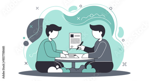 Flat vector illustration of two businessmen sitting at a table signing a contract agreement, representing partnership, deal closing, and employment concepts in a modern corporate style.
