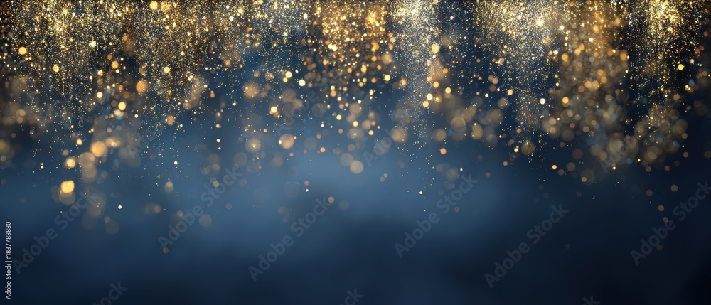 Fototapeta premium New Year celebration background with dramatic gold and silver fireworks sparks on dark midnight blue gradient for party invitation banner poster design
