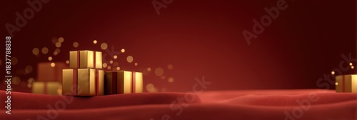 Matte red velvet background with gold gift boxes and warm golden light, ideal for luxury holiday branding, premium gifting visuals, elegant seasonal content, festive editorial design

