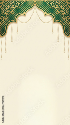 Luxury green and gold arch with hanging pearls