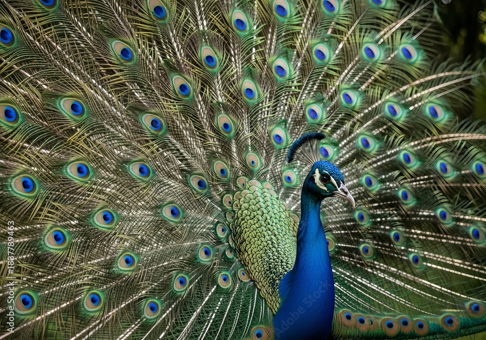 Obraz premium A magnificent peacock proudly displays its iridescent blue and green plumage with its elaborate fanned tail feathers, showcasing numerous intricate eyespot patterns.
