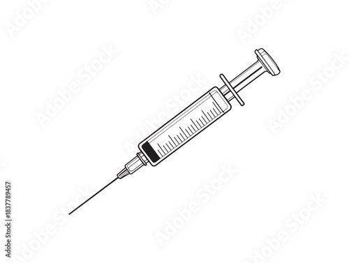 Minimalist black syringe 2D vector line art design healthcare icon modern clean style