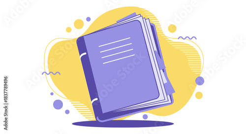 Flat vector illustration of a closed purple notebook or diary with a pen attached, set against a yellow abstract background, representing education, planning, and office stationery concepts.