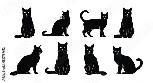A collection of sleek black cat silhouettes in various poses and positions