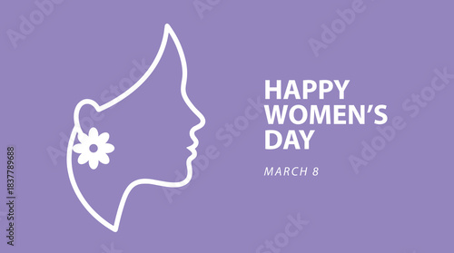 Happy Women’s Day March 8 minimal banner with female profile and flower icon