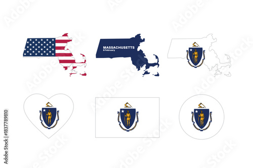 Massachusetts flag and map set. Massachusetts American state flag in February 6th Celebration