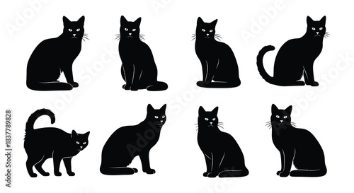 A collection of sleek black cat silhouettes in various poses and positions