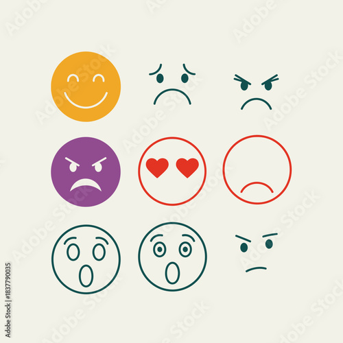 Vibrant collection of diverse emotional emoticons showing happiness, sadness, anger, love, and surprise for communication and expression