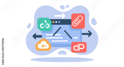 Flat vector illustration of SEO link building and web connectivity concept featuring a browser window interface surrounded by hyperlink, attachment, and cloud storage icons for digital marketing strat