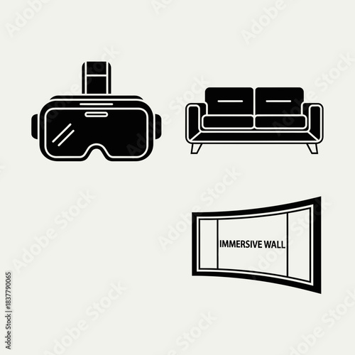 Immersive virtual reality setup with headset couch and panoramic screen for futuristic home theater entertainment