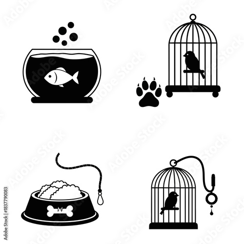 Charming collection of pet icons featuring fishbowl, birdcage, paw print, and dog food bowl for pet care branding and design