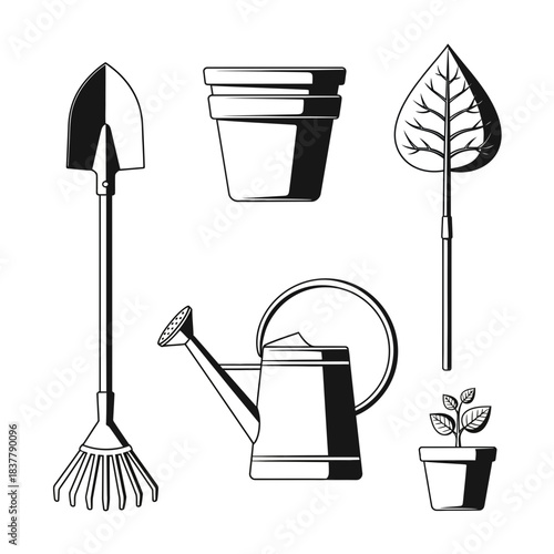Essential gardening tools including rake, shovel, watering can, pots, and seedling for planting and cultivation projects