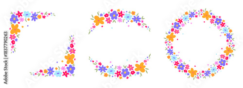 Beautiful floral compositions with doodle cute flowers. Corners and frames decorations