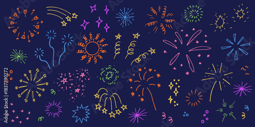 Colorful doodle fireworks with stars and sparks. Linear lightning, explosion, sunburst, bling effect set