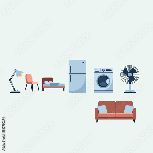 Modern home essentials collection featuring sofa, bed, fridge, fan, lamp, chair, and washing machine for comfort and convenience