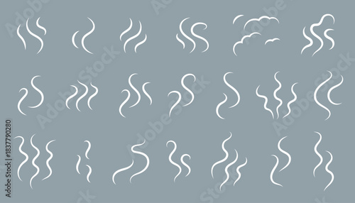 White smoke icon set. Smell or steam vector symbol collection. Line elements of heat waves or aroma