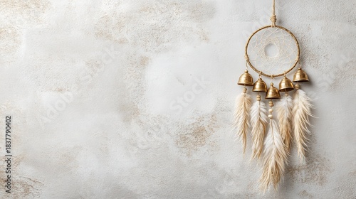 christmas Dreamcatcher with feathers and bells against a textured wall background.