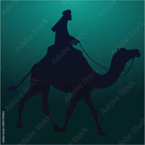 Arab Man Riding Camel Silhouette in Desert on Dark Teal Background