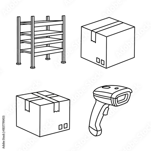 Efficiently manage inventory with a modern shelving unit, secure shipping boxes, and a high-tech barcode scanner for streamlined operations.