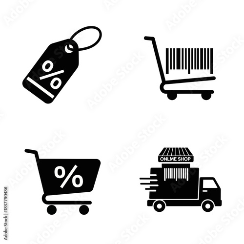 Dynamic set of four iconic symbols representing online shopping, discounts, and speedy delivery for modern retail businesses.