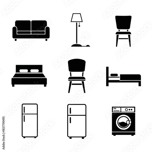 Essential home furniture and appliance icons for modern living, creating stylish and functional spaces for comfort and convenience