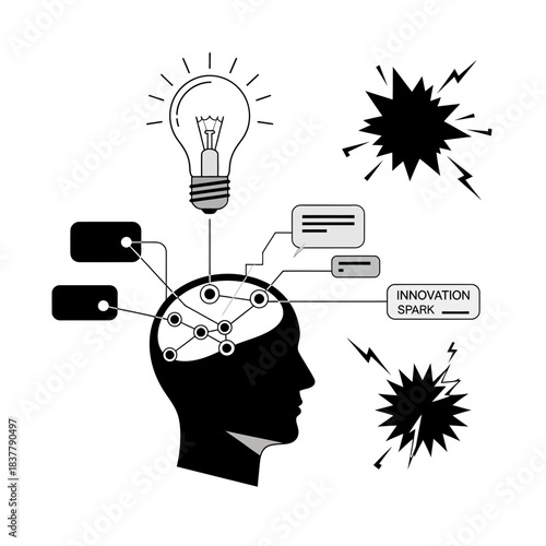 Sparking brilliant ideas and innovation with a glowing lightbulb connecting to a human mind and thought bubbles for creative solutions.