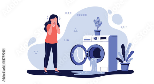 A shocked and panicked woman stands in front of a broken washing machine that is leaking water all over the floor.