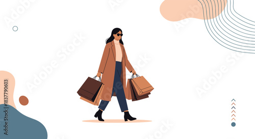 A stylish young woman in a trench coat and sunglasses is walking confidently while carrying many shopping bags from a sale.