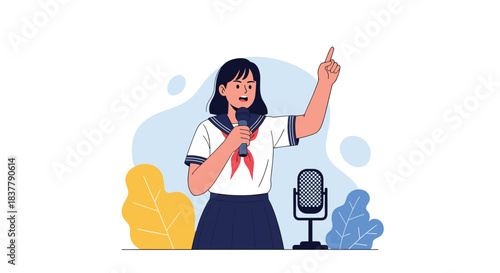 A confident japanese schoolgirl in a sailor uniform is giving a speech or singing into a microphone on a stage.