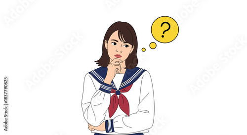 A thoughtful young japanese schoolgirl in a sailor uniform is thinking with a question mark in a thought bubble above her.