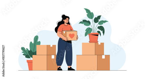 Happy young woman holding a cardboard box with a heart symbol surrounded by moving boxes and a plant representing a fresh start.