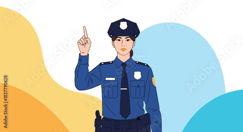 A professional female police officer in uniform raises her index finger to give a warning or to make an important point.