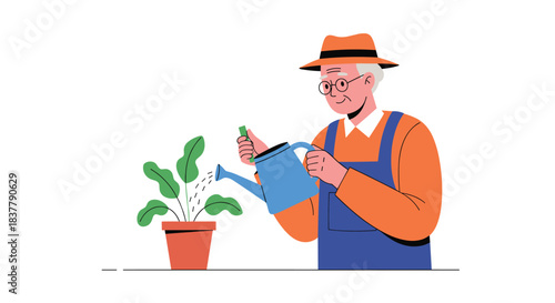 A cheerful elderly man wearing a hat and overalls is watering a green plant in a pot with a blue watering can.