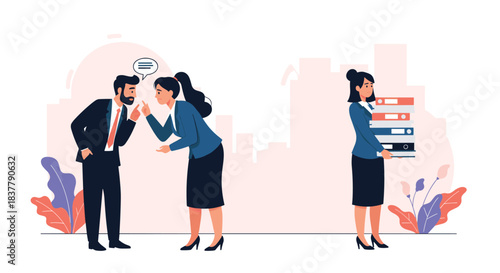 Vector illustration of a toxic workplace with two business colleagues arguing while a sad female employee walks away with files.