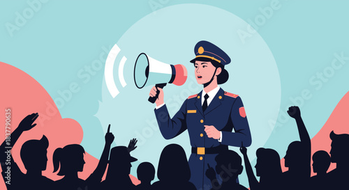 Female police officer in uniform using a megaphone to address a large crowd of people during a protest or public gathering.